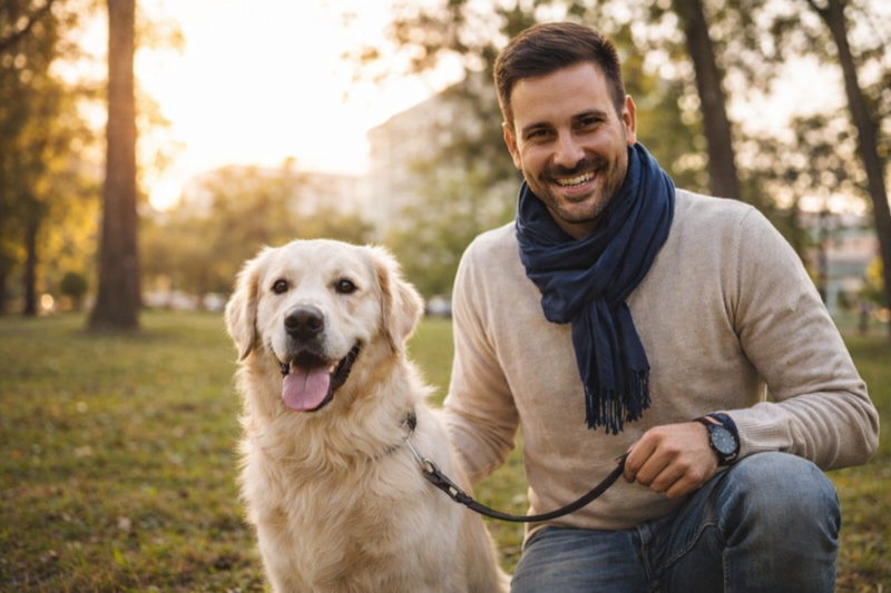 Glücklicher Mann mit Hund – schuldenfrei nach maximal 3 Jahren